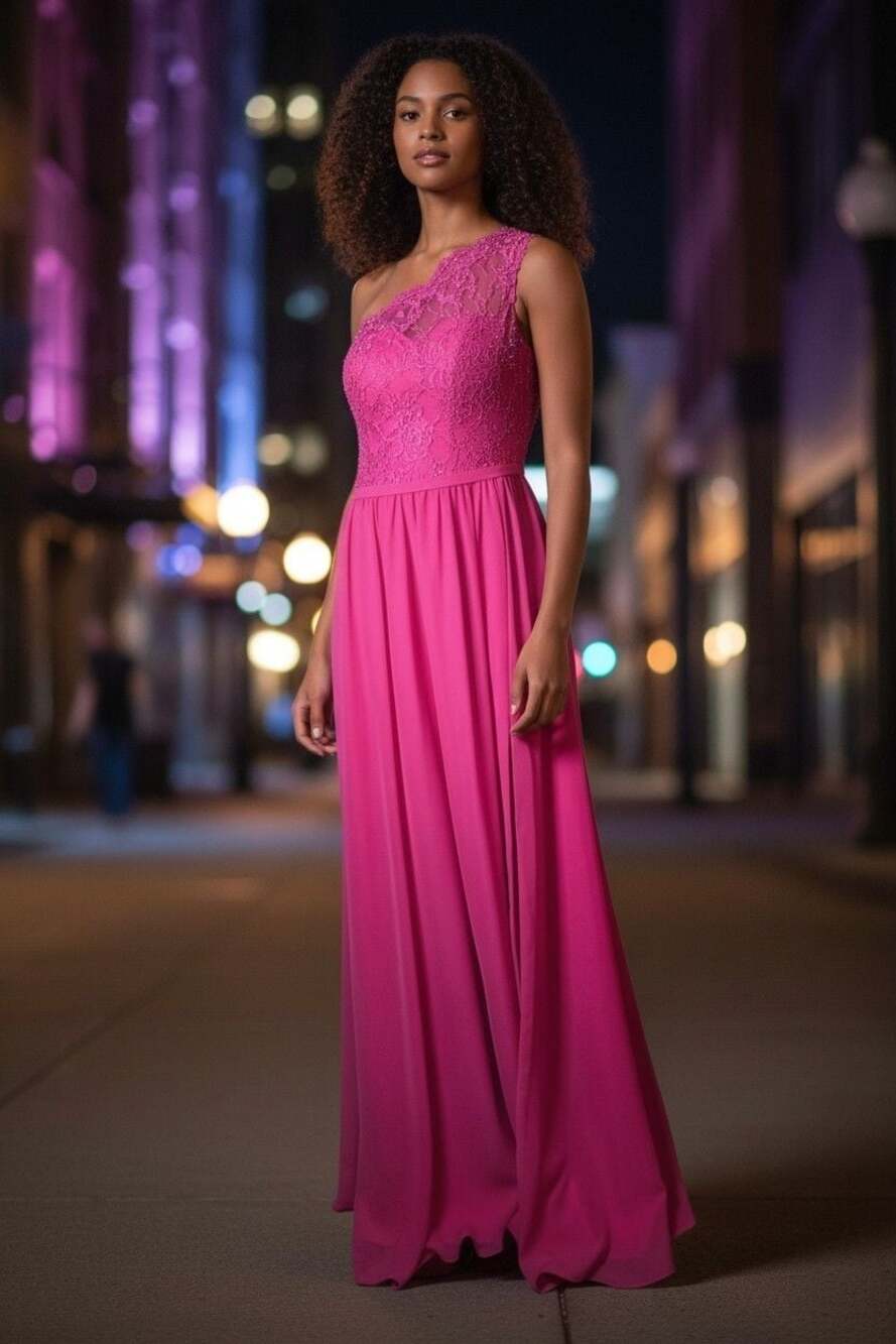 JJ's House One-Shoulder Lace Bodice Chiffon Maxi Bridesmaid Dress‎